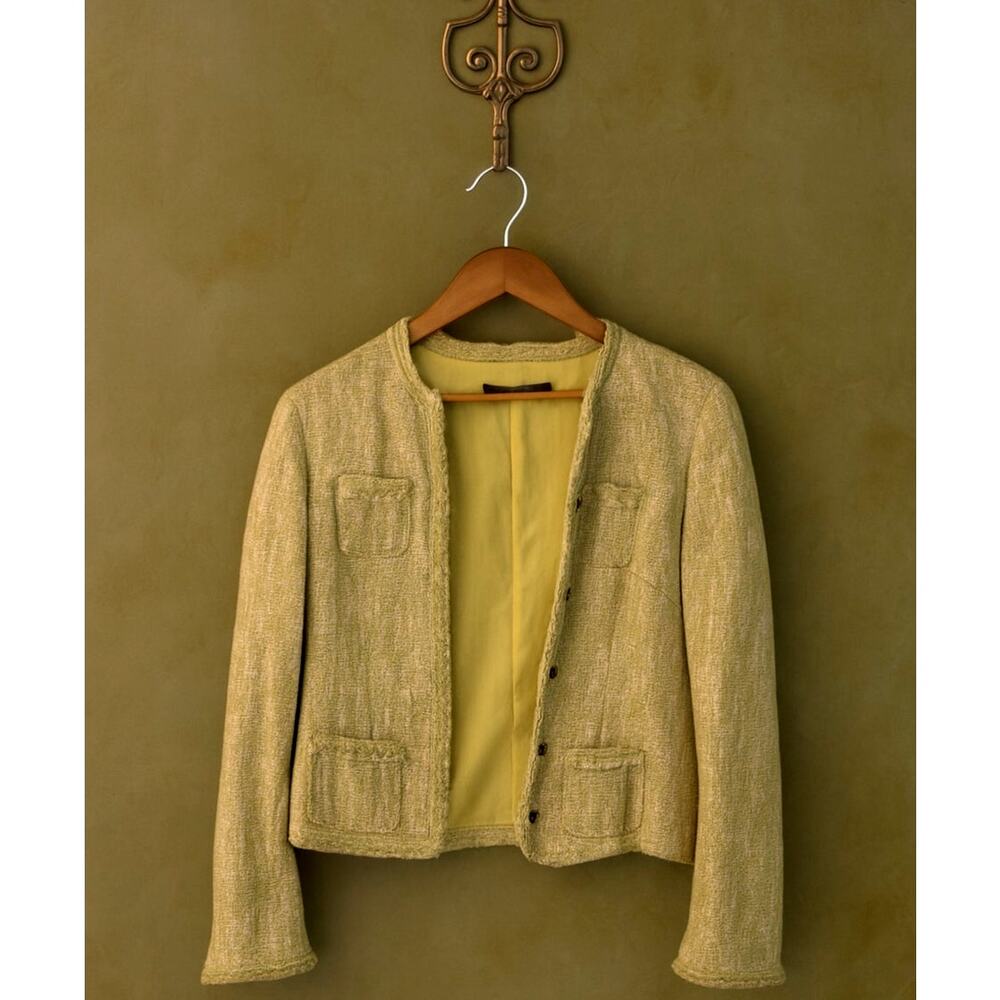 Elie Tahari Tweed Cropped Blazer Green Silk-Lined Rope Trim Jacket Women’s Large
